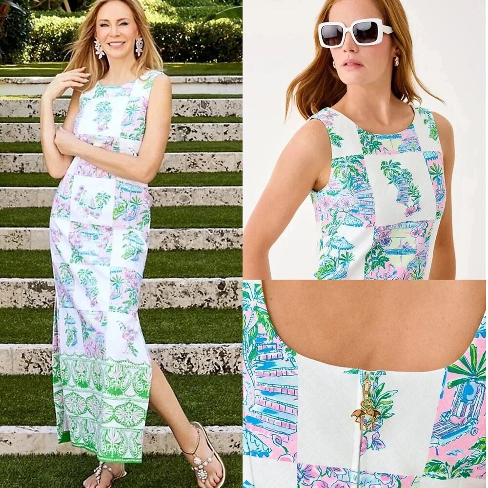 Lilly Pulitzer Dee Stretch Maxi MIDI Shift Dress Multi Sunny Dee Patch 4 NWT